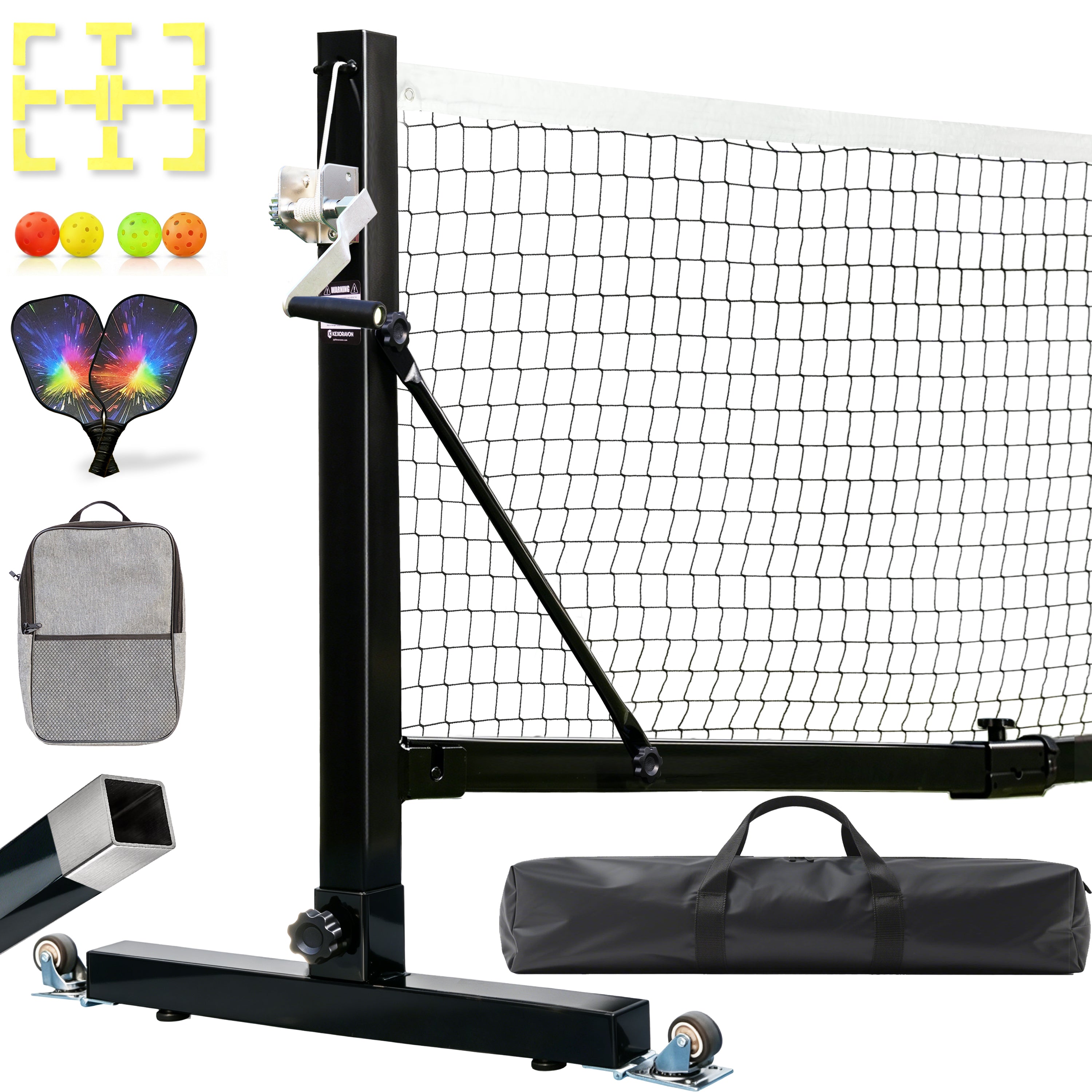 KEXORAVON Portable Pickleball Net Set with Wheels, 22 FT Regulation Size Pickleball Net System with Hand Winch Anti-Sag, 2 Paddles, 4 Balls & Court Markers, Indoor/Outdoor Pickleball Equipment