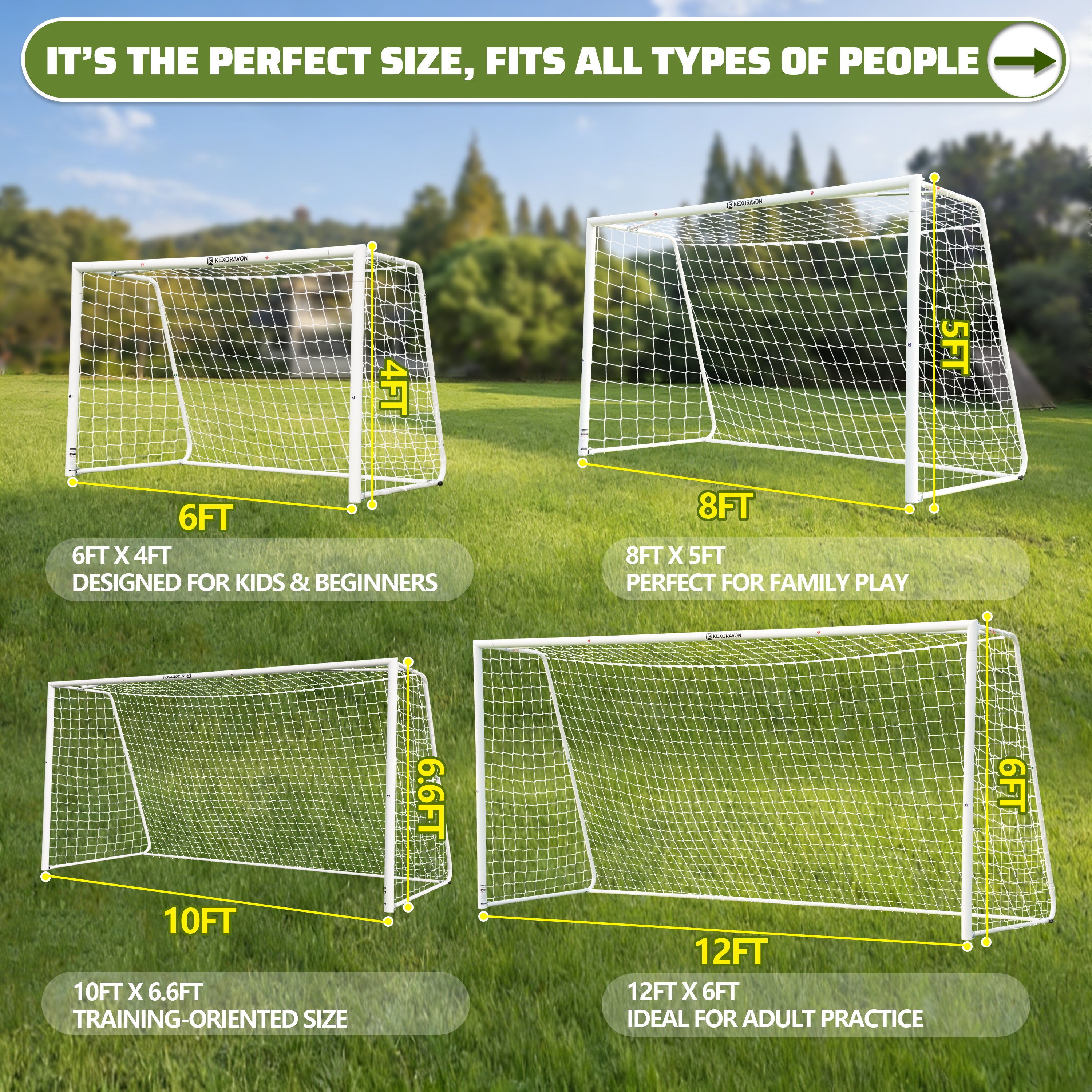 KEXORAVON Portable Soccer Goal with Aluminum Alloy Frame, Easy Assembly Soccer Goal with Net for Backyard, Outdoor Training & Practice, Multiple Sizes Available