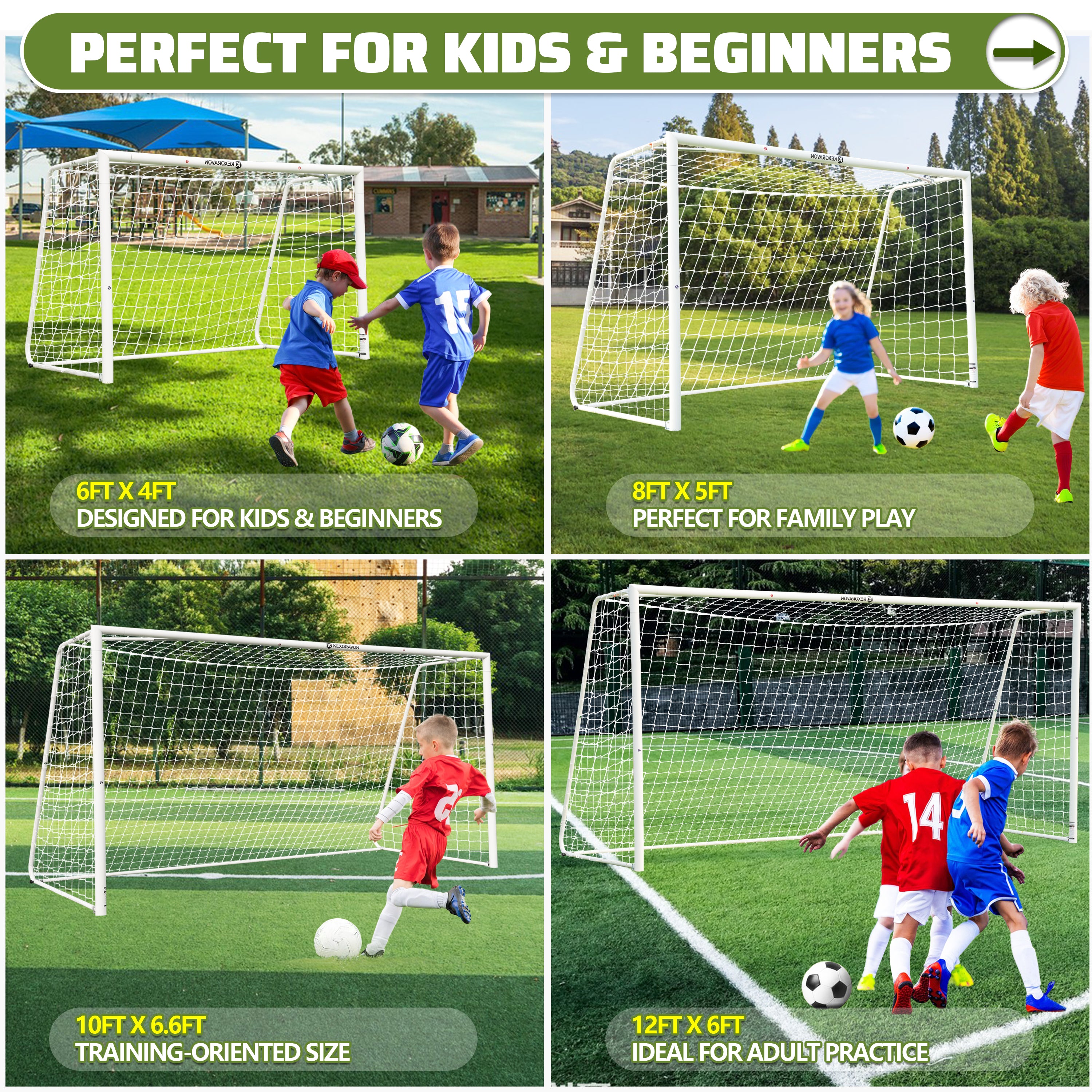 KEXORAVON Portable Soccer Goal with Aluminum Alloy Frame, Easy Assembly Soccer Goal with Net for Backyard, Outdoor Training & Practice, Multiple Sizes Available